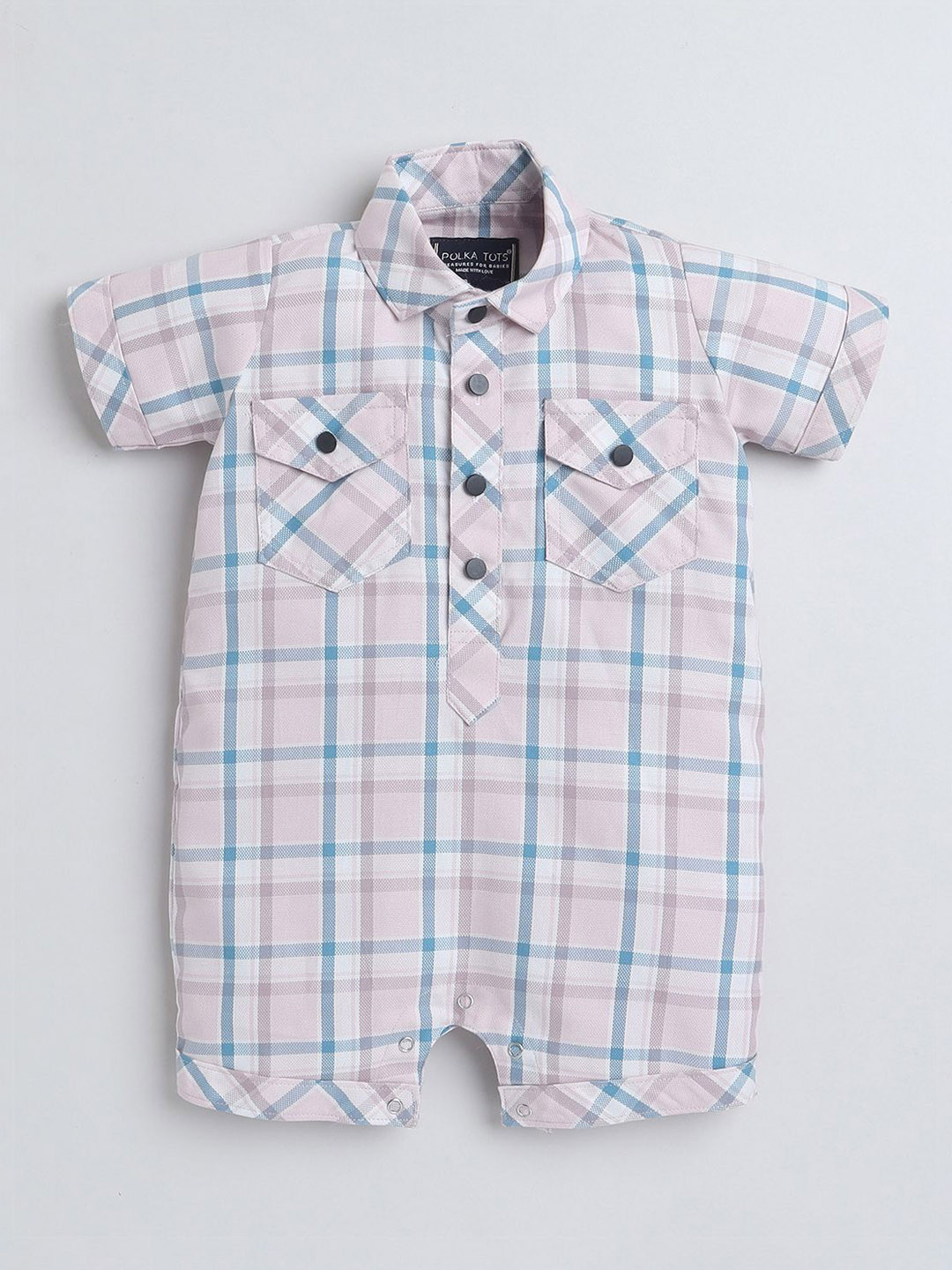 Polka Tots Unisex Kids Mauve  Half Sleeve Checks Print Shirt Romper With Bow