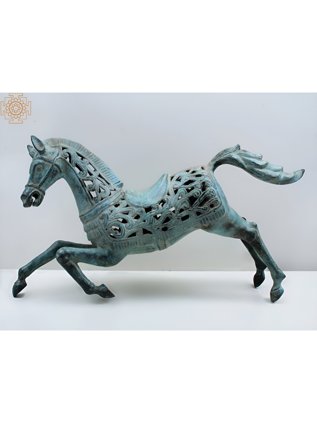 Exotic India Running Horse Sea Green Brass Metallic Garden Large Showpiece - 13 Inches