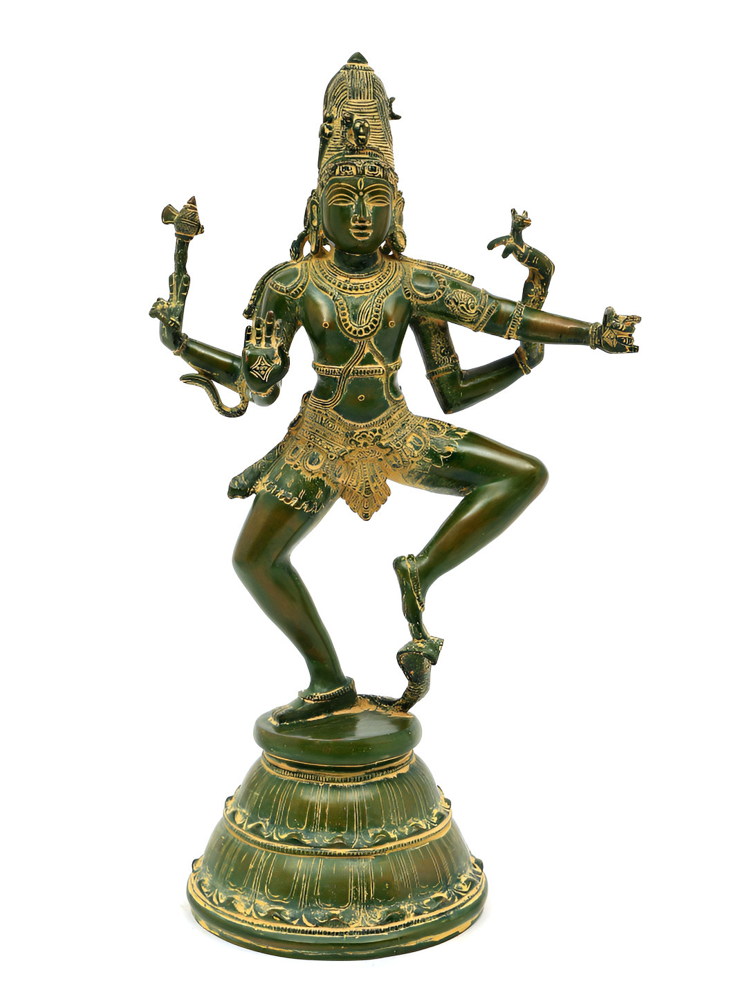 Exotic India Four Armed Dancing Lord Shiva Green Brass Metallic Prayer Room Medium Showpiece - 22 Inches