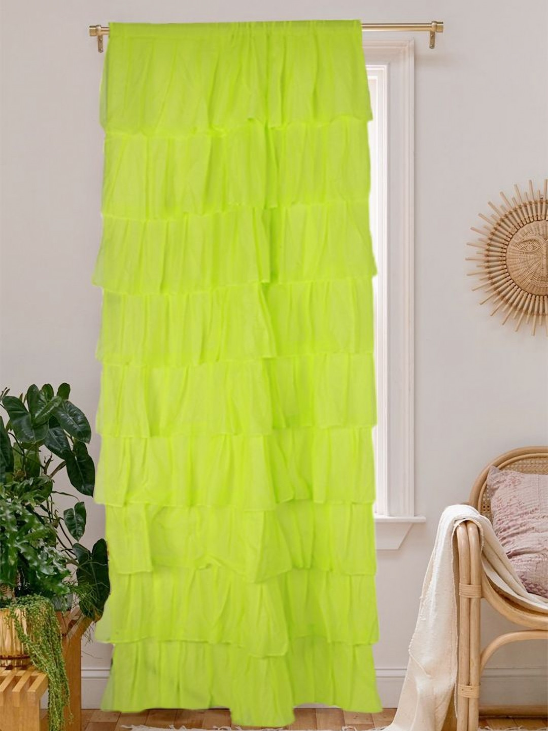 NUEVOSDAMAS Lime Green Ruffled Cotton Silk Window Curtain