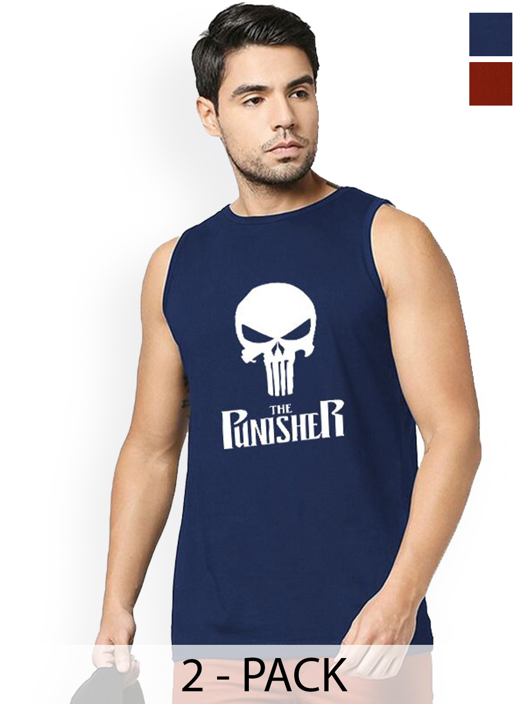 Organic Chics Pack Of 2 Printed Cotton Tank Vests Maroon Marvel - Navy Punisher_S