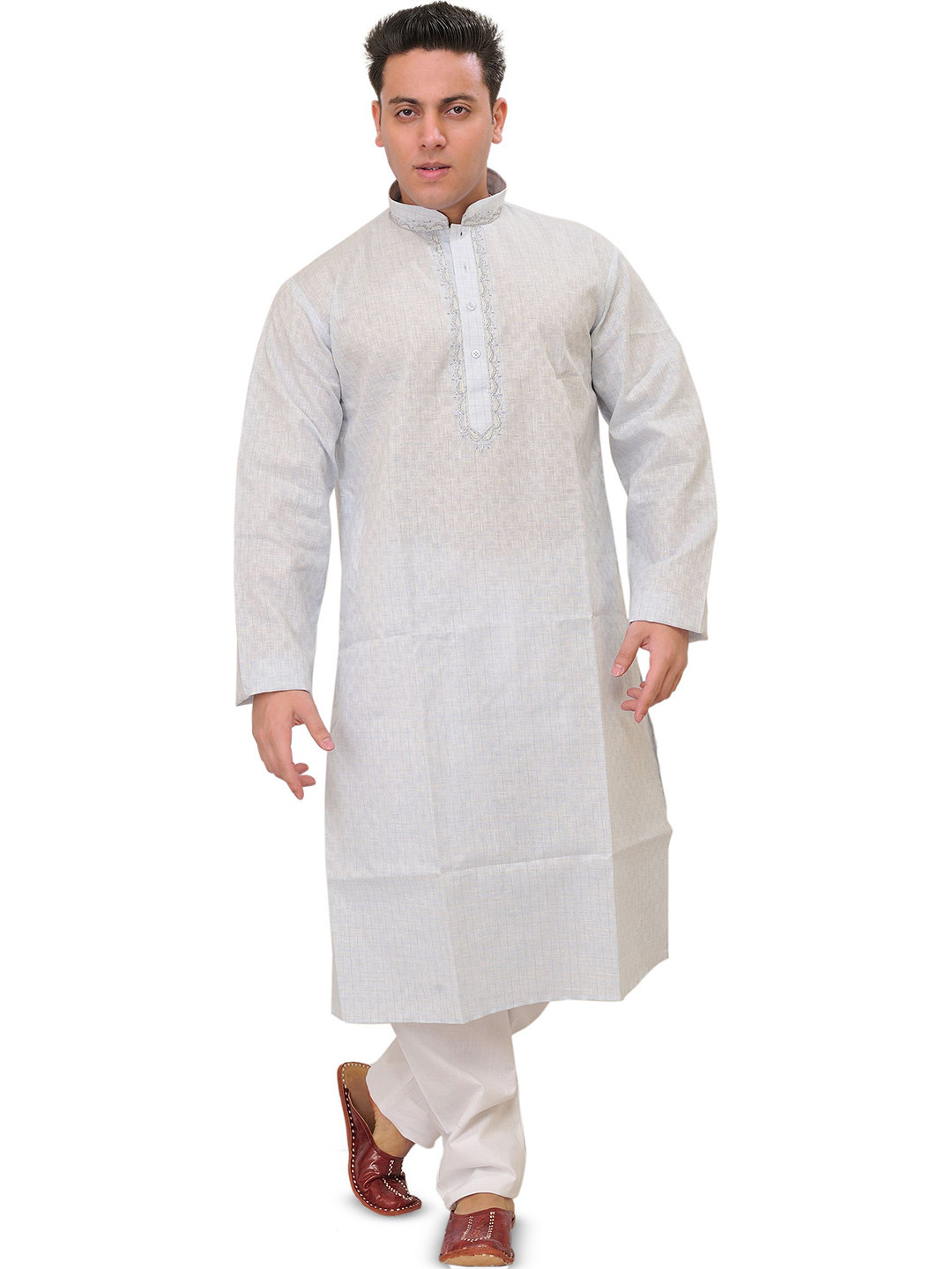 Exotic India Pure Cotton Kurta Pajama with Woven Checks And Thread Embroidery on Neck