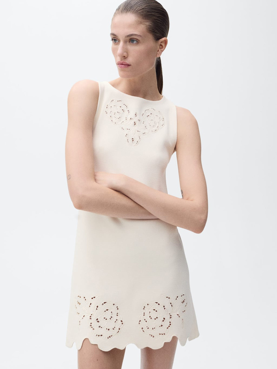 MANGO Schiffli Embroidered Knit Mini Dress