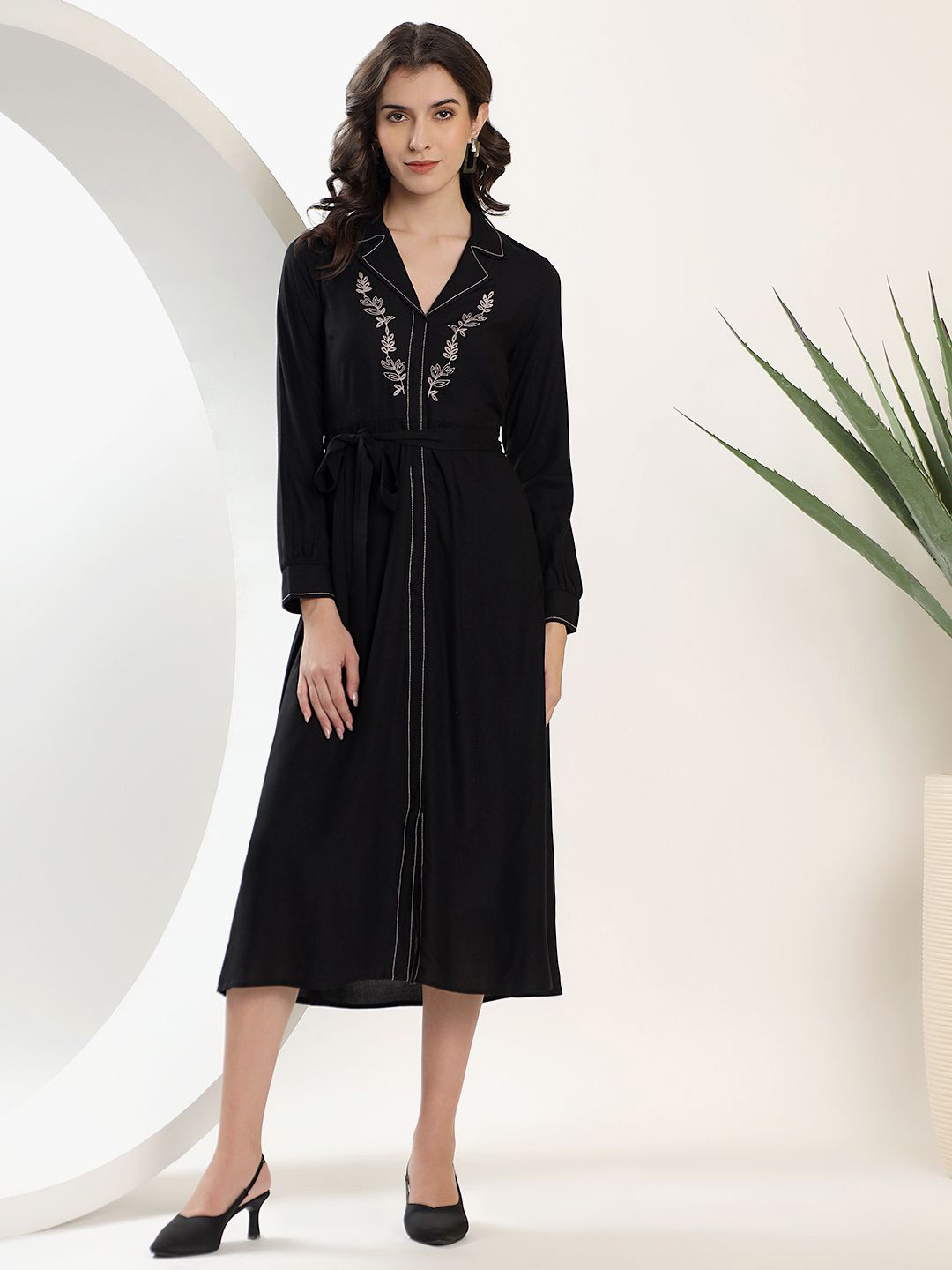 Justin Whyte Women Lapel Collar Embroidered Detailed Shirt Midi Dress