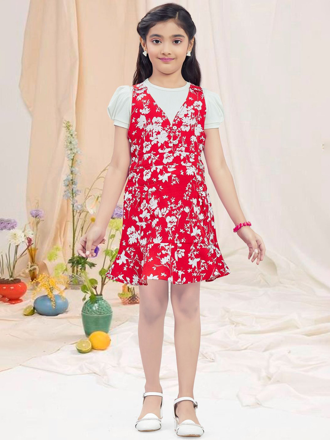Lei-Chie Girl Floral Print Puff Sleeve Pinafore Dress