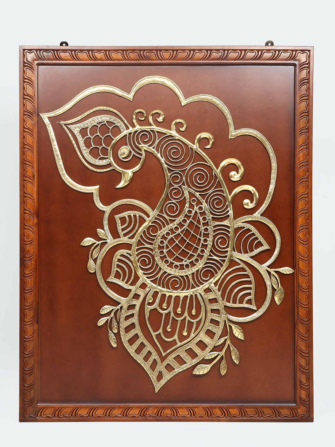 Exotic India Designer Peacock Brass Paisley Glossy Hanging Hall Wall Hangings-57.9In