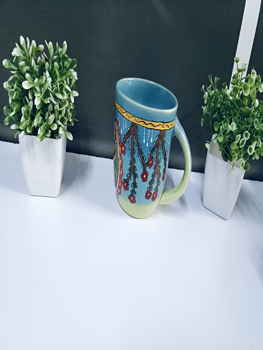 WEAVEHAND Blue & Red Printed Ceramic Glossy Cups 500 ml