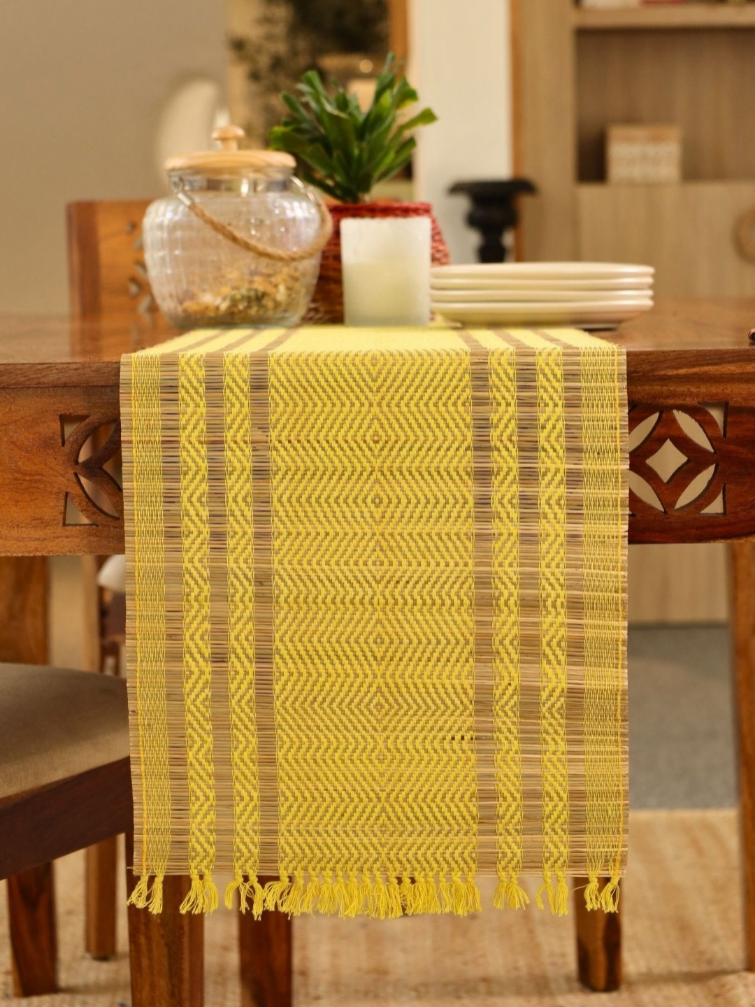 Peepul Tree Lemon Yellow & Purple Natural Grass Table Runner