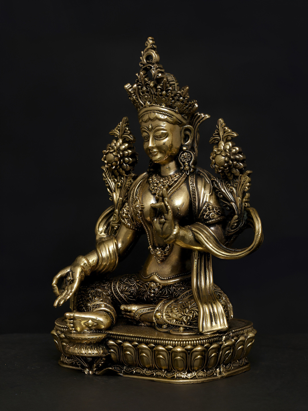 Exotic India Goddess Green Tara Gold Brass Metallic Living Room Medium Showpiece - 4.5 Inches