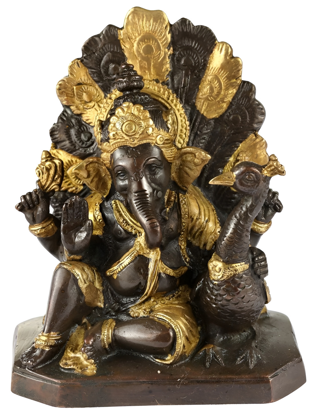 Exotic India Mayur Ganesha Brown Brass Metallic Prayer Room Hand Made Small Showpiece - 5 Inches