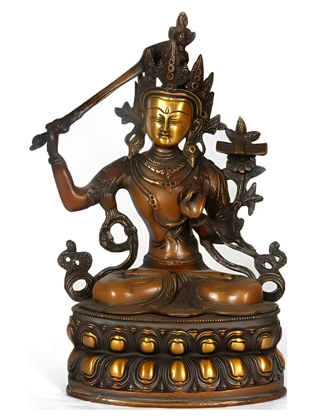 Exotic India Manjushri - Bodhisattva Of Transcendent Wisdom Gold Brass Metallic Prayer Room Hand Made Medium Showpiece - 5.5 Inches