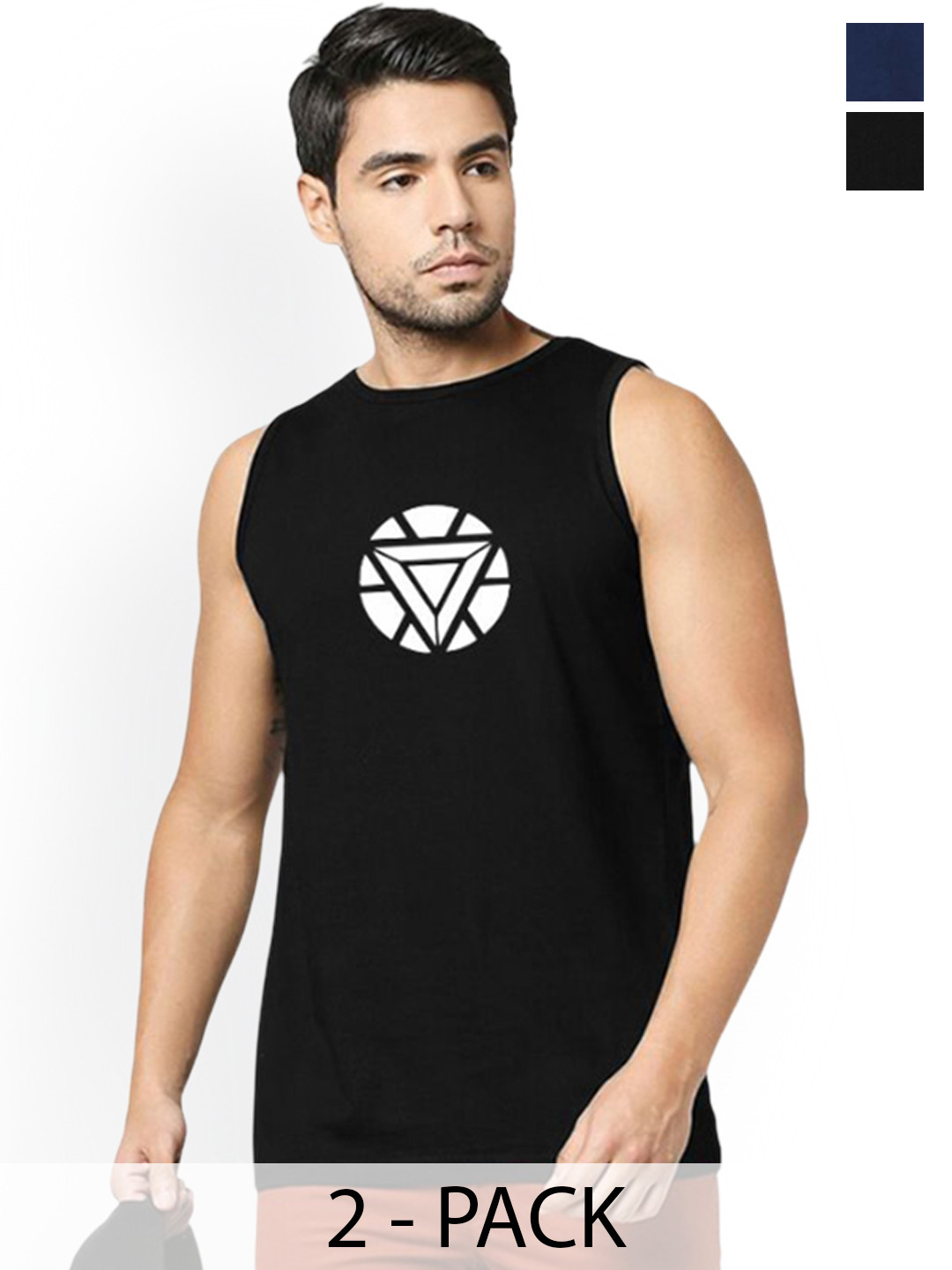 Organic Chics Pack Of 2 Printed Cotton Tank Vests Navy Avenger - Black Ironman_S
