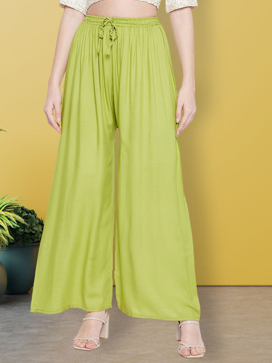 all about you Women Solid Parrot Green Comfort Loose Fit Wide Leg Trousers