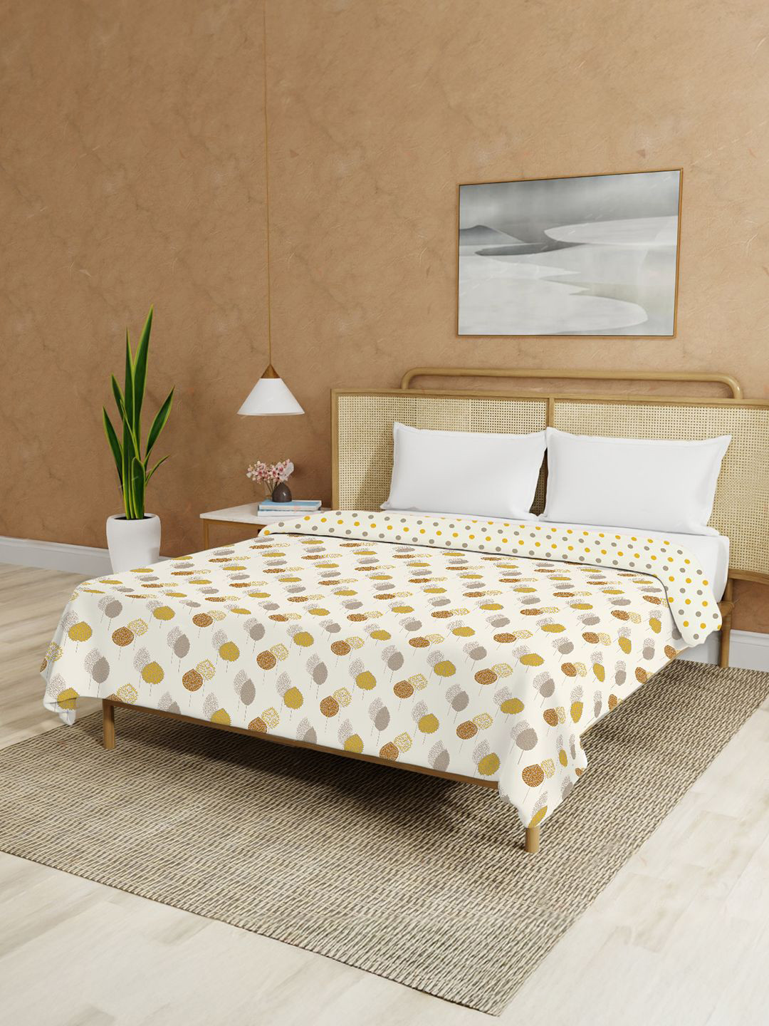 URBAN SPACE Cream-Colored & Mustard Floral Malmal Cotton 90 GSM AC Room Double Bed Dohar