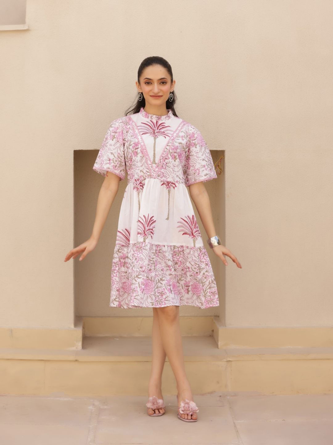 Tasya India Women Floral Embroidered High Neck Fit and Flare Dress