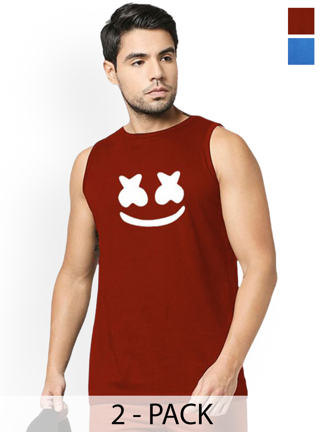 Organic Chics Pack Of 2 Printed Cotton Tank Vests MaroonMarshmellow-RoyalKing_S