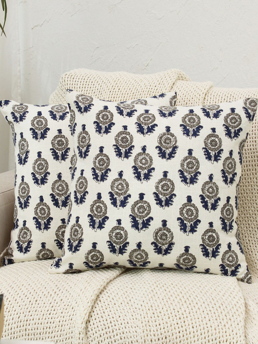 Kushadri Abstract White Floral Cotton Washable 2 Piece Square Cushion Covers -16x16In