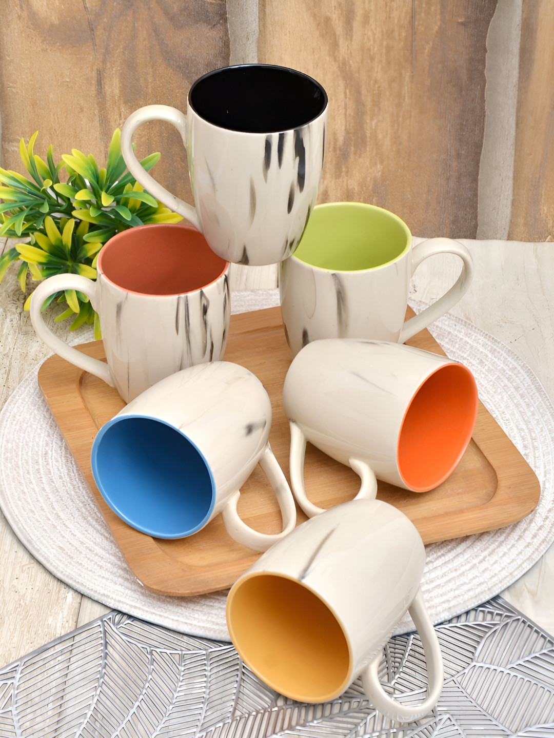 Myntra Elegant Homes White Marble Ceramic Handcrafted 6 Piece Mugs-300ml