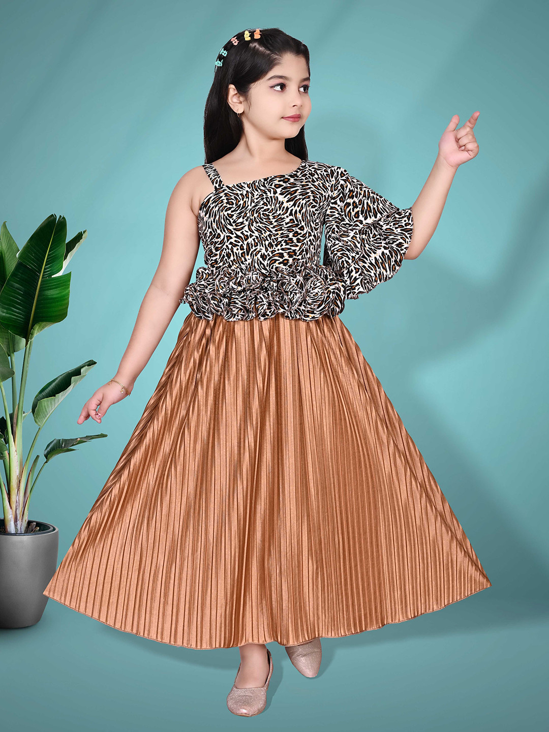 KRISHTINA Girls Print Assymetric Neck  Satin Gown Maxi Dress