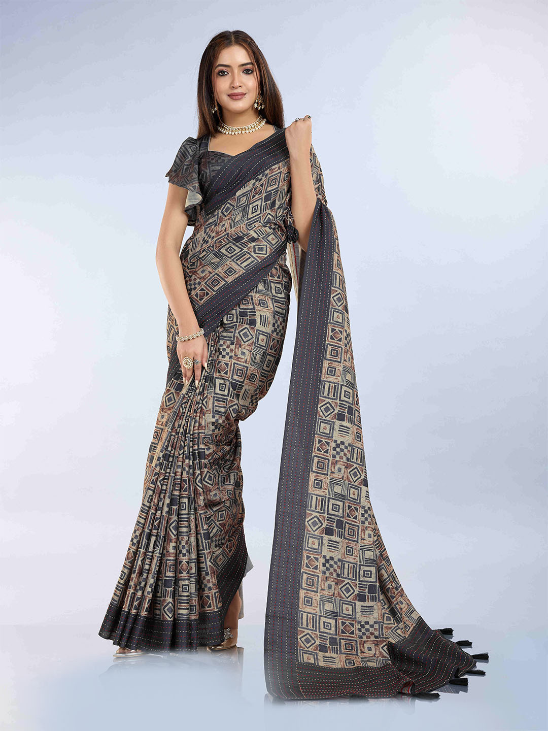 PBS PRINTS Kantha Work Banarasi Saree