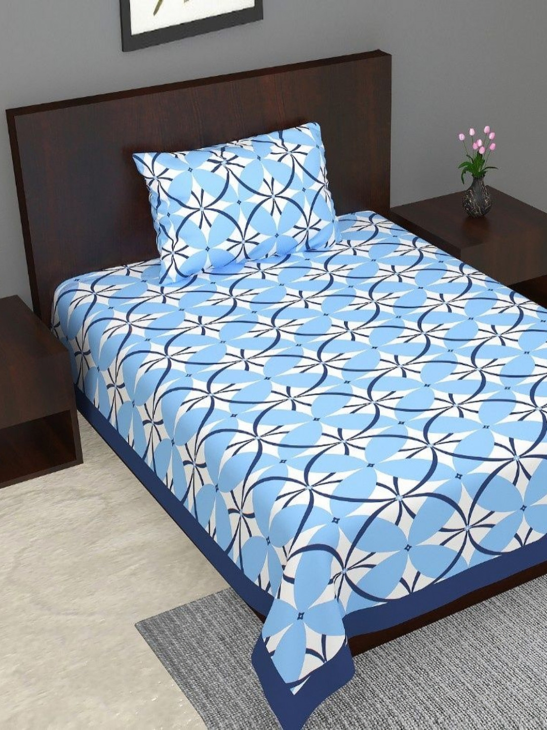 Salgia Salgia Premium Blue Floral Cotton 210 TC Single Fine Bedsheet with a Pillow Cover-89 x 57 inches
