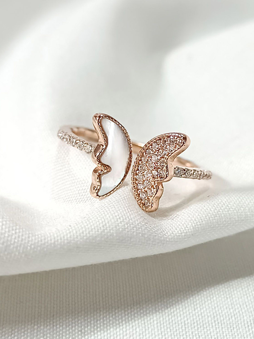 925 Silver Rose Gold-Plated CZ Studded Adjustable Butterfly Finger Ring
