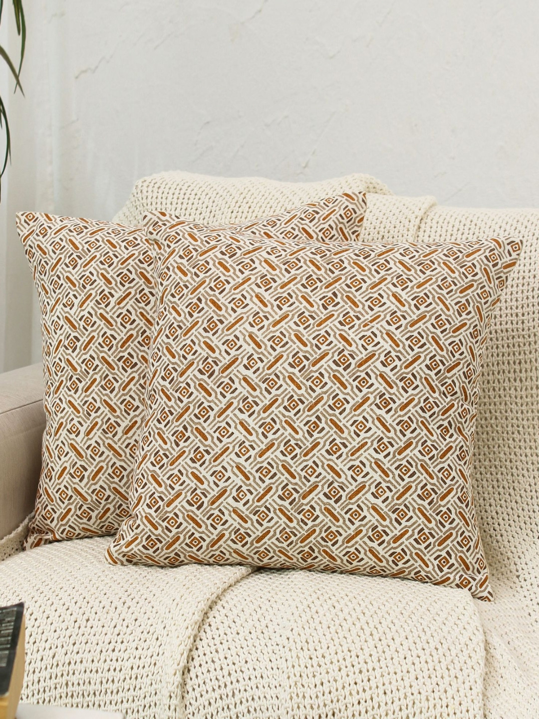 Kushadri Brown Abstract Cotton Breathable 2 Pcs Square Cushion Covers - 15.7 x 15.7 Inches