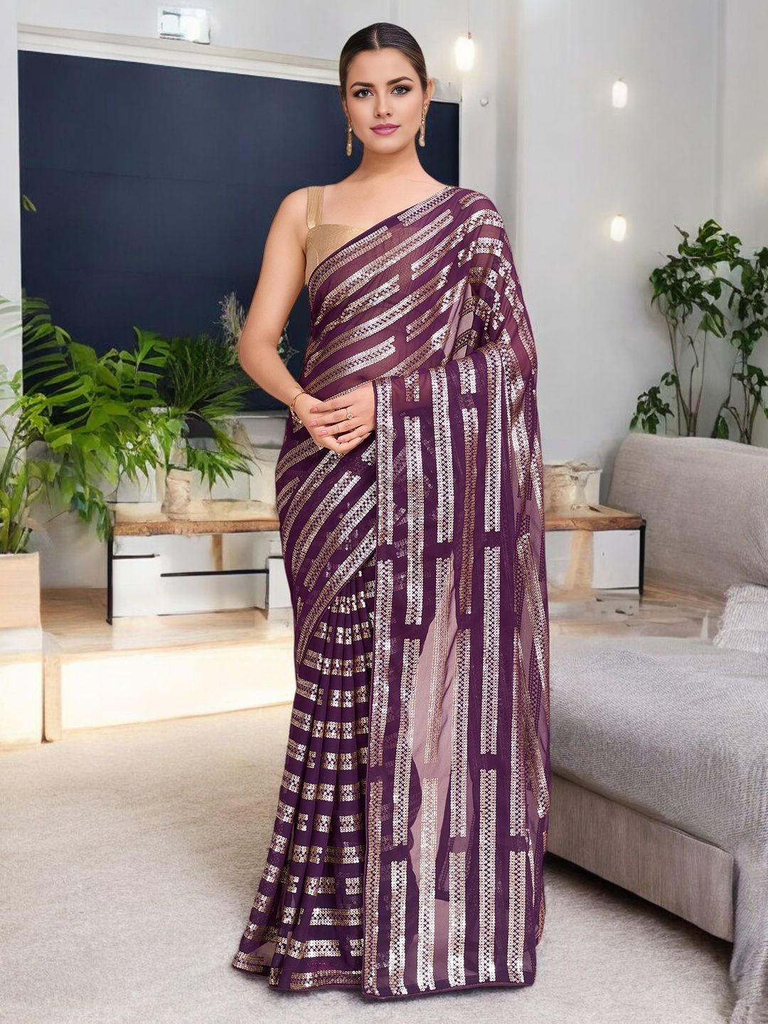 Blissta Sillver Striped Sequinned Embellished Saree