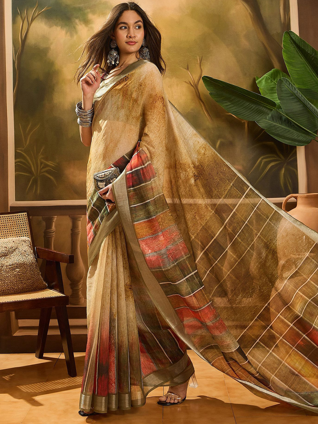 Sangria Artistic Printed Banarasi Saree With Blouse Piece