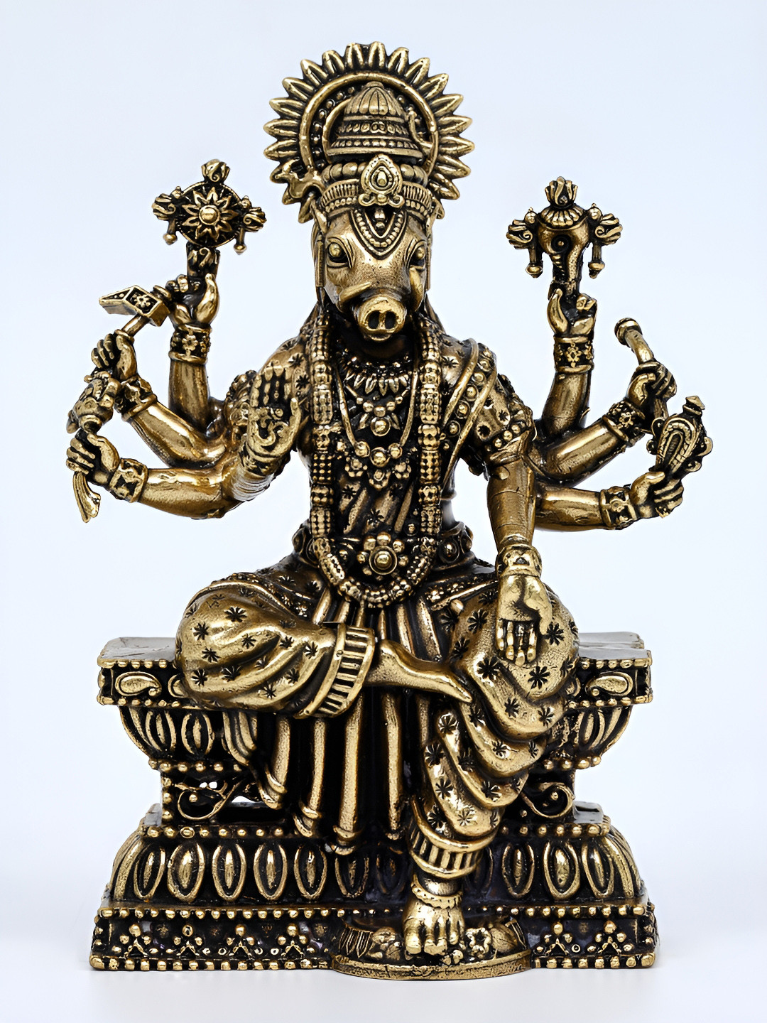 Exotic India Eight Armed Sitting Goddess Varahi Gold Brass Metallic Prayer Room Medium Showpiece - 4 Inches