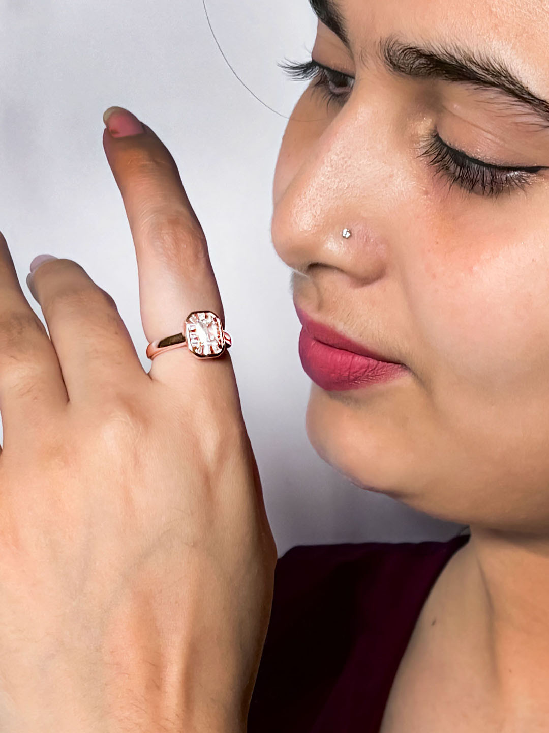 925 Silver Rose Gold-Plated CZ Studded Adjustable Emerald Cut Engagement Finger Ring