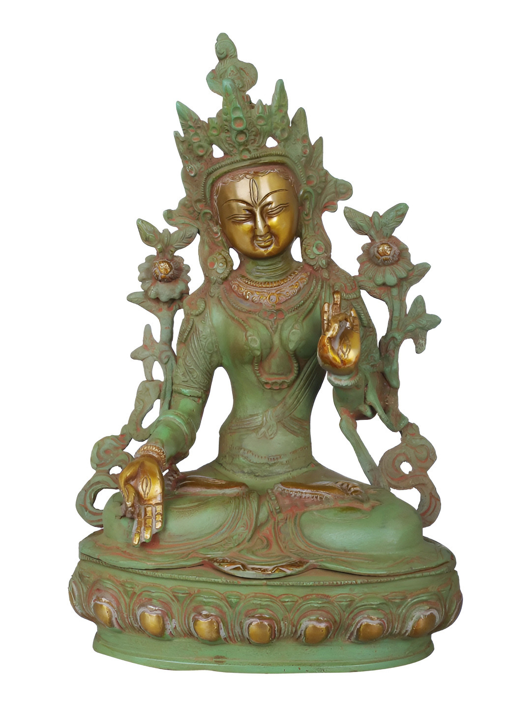 Exotic India Tibetan Buddhist Deity Tara Gold Brass Metallic Living Room Hand Made Medium Showpiece - 12.5 Inches