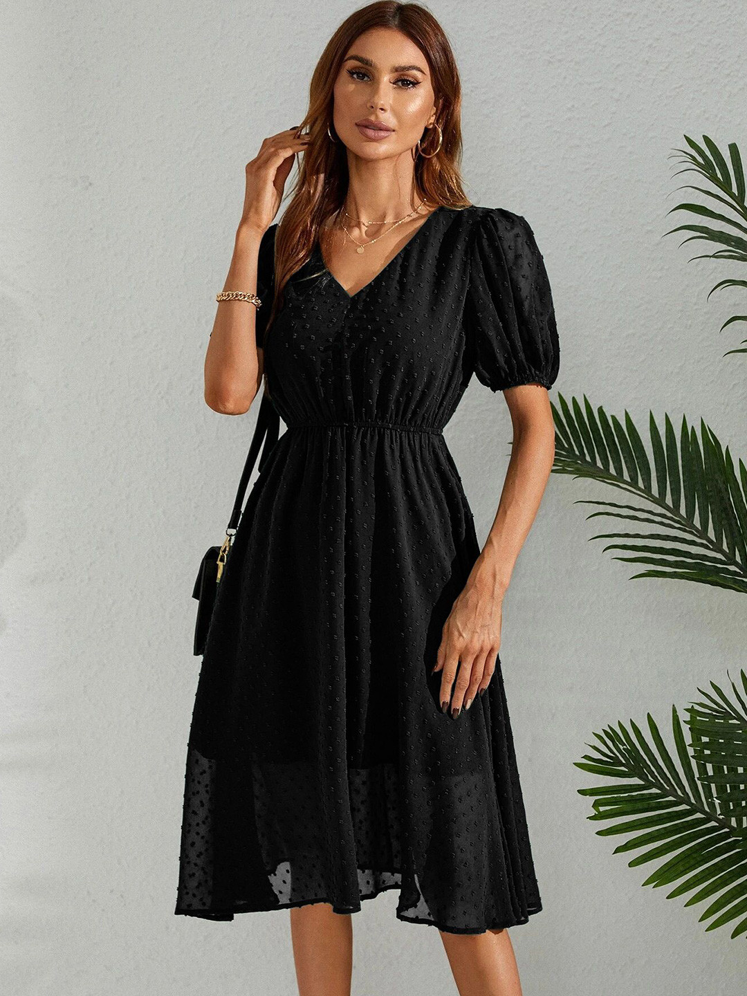 FERY LONDON Women Solid Puff Sleeve Georgette Fit & Flare Dress