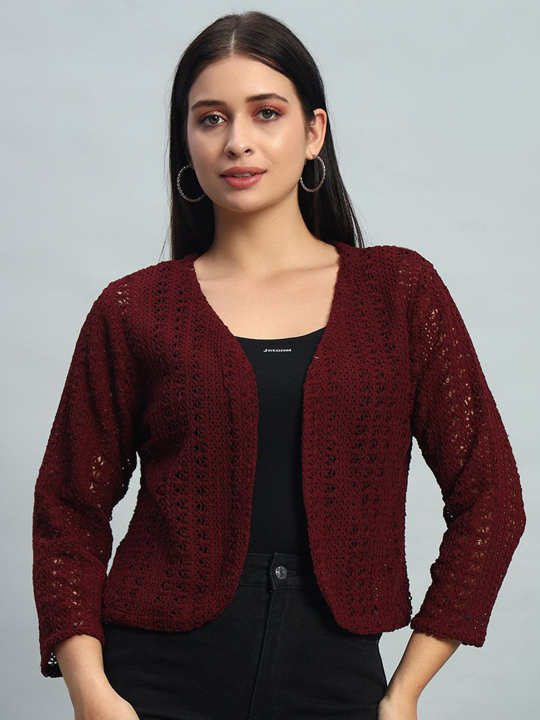 NATURE CRAFT Self Design V-Neck Cotton Crop Shrug