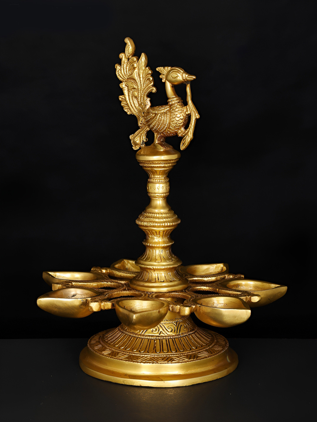 Exotic India Home Decor Brass Statue Seven Wicks Peacock Lamp