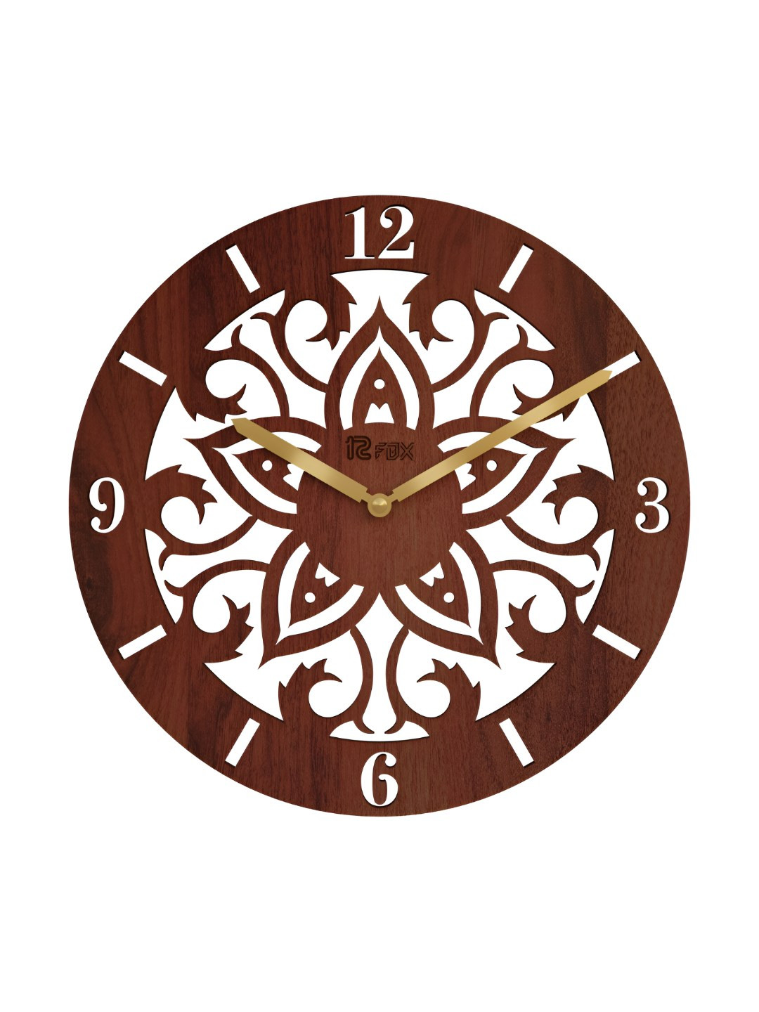 12 fox Coffee Brown & White Contemporary Printed Analogue Round Wooden Wall Clock