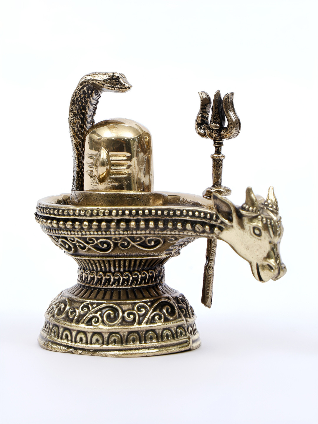 Exotic India Nandi Mukh Shivalinga with Protecting Naag and Trishul Gold Brass Metallic Prayer Room Medium Showpiece - 2.5 Inches