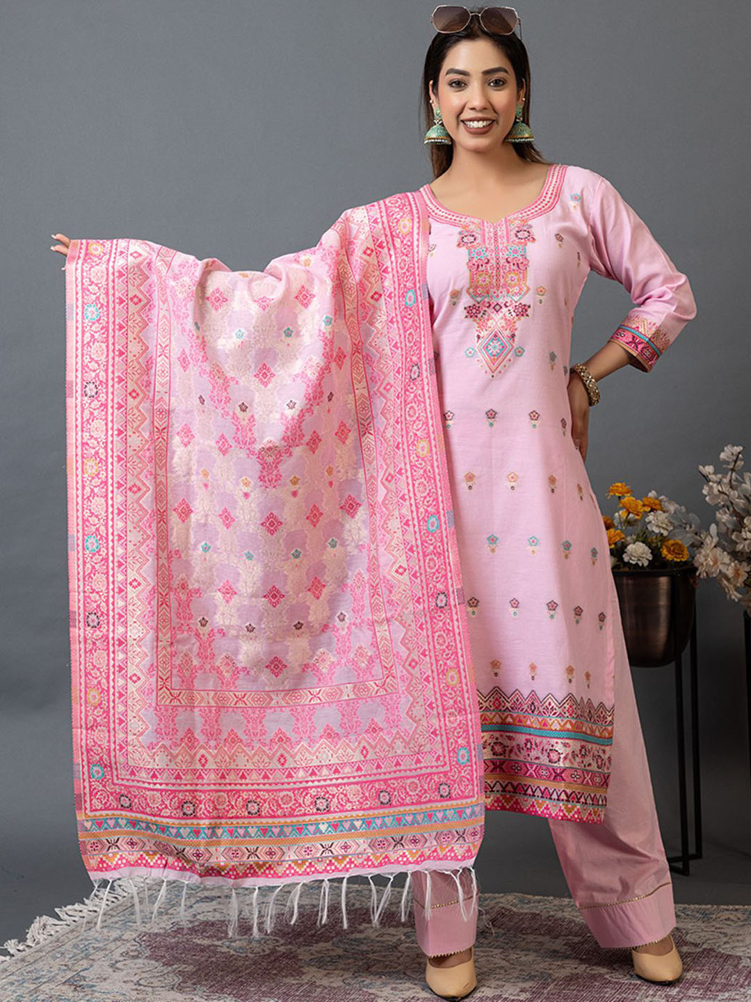 KIDAR Floral Self Design Sweetheart Neck Straight Cotton Silk Kurta With Salwar & Dupatta