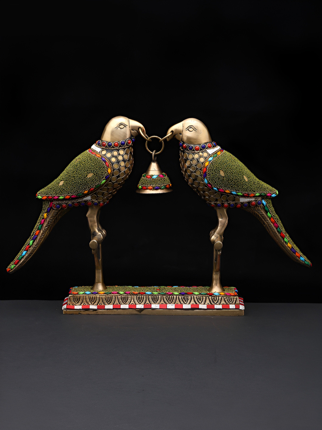 Exotic India Pair Of Parrots with Bell Green Brass Metallic Living Room Set of 2 Large Showpieces - 6.5 Inches