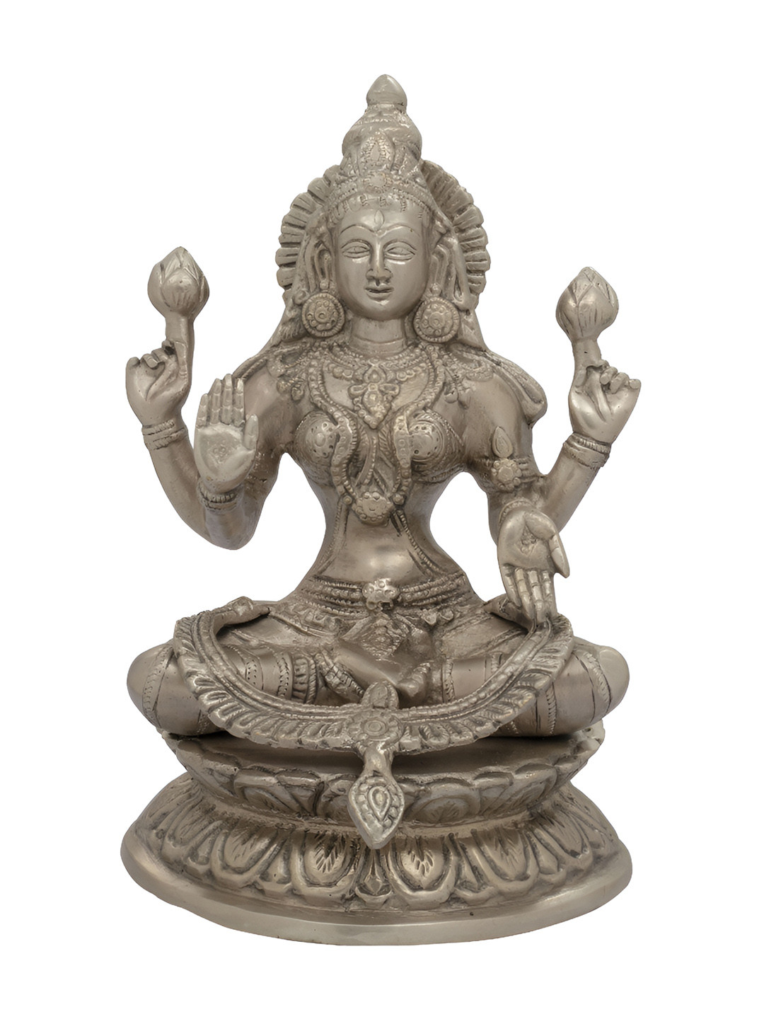 Exotic India Four-Armed Lakshmi Silver Brass Metallic Prayer Room Hand Made Medium Showpiece - 9 Inches