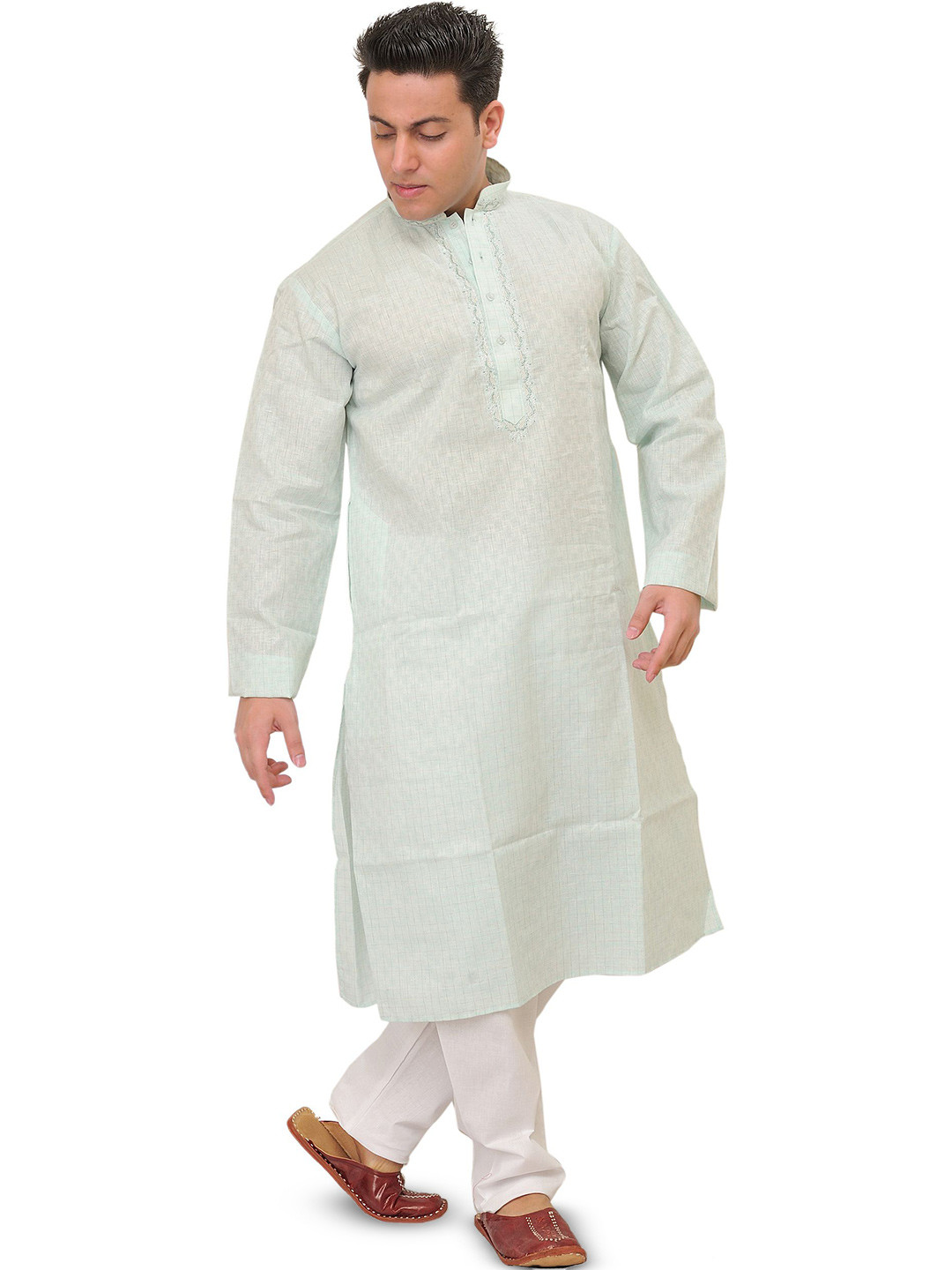 Exotic India Pure Cotton Kurta Pajama with Woven Checks And Thread Embroidery on Neck