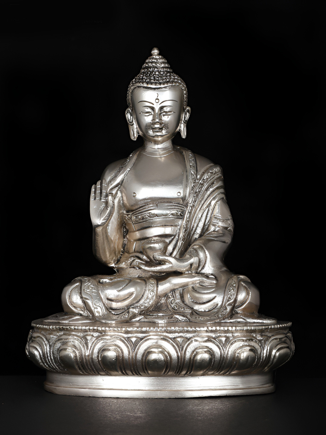 Exotic India Lord Buddha in Vitark Mudra Silver Brass Metallic Home Office Medium Showpiece - 8.2 Inches