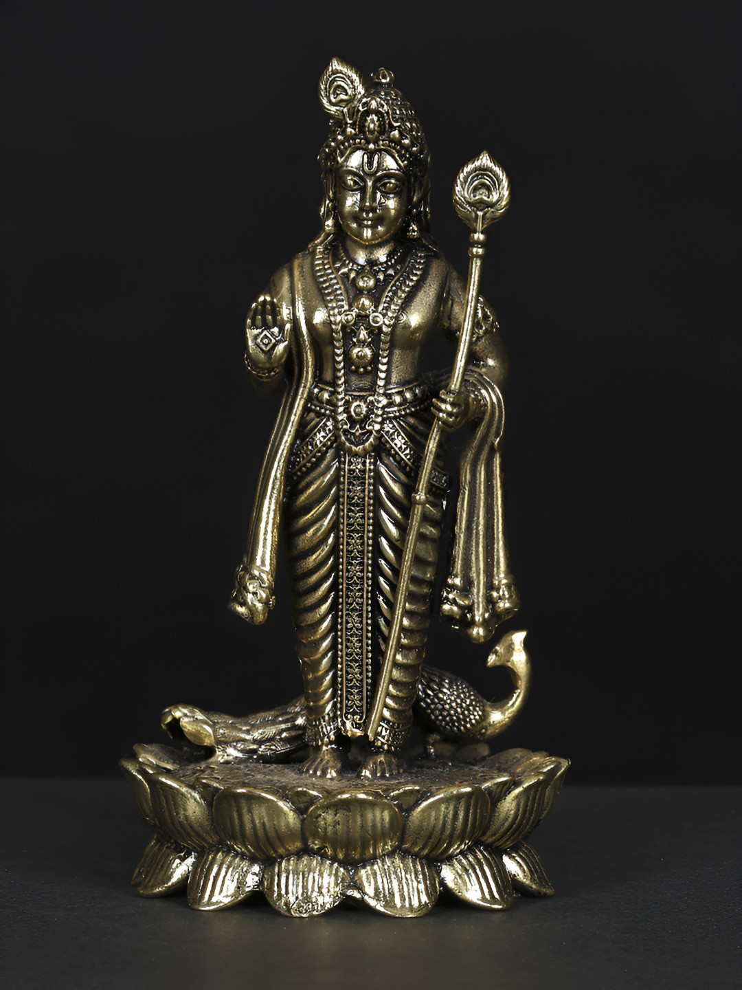 Exotic India Superfine Standing Lord Murugan Gold Brass Metallic Prayer Room Medium Showpiece - 4 Inches
