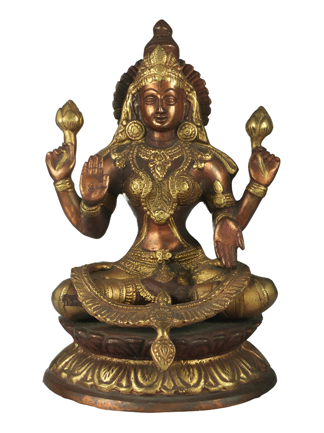 Exotic India Four-Armed Lakshmi in Abhaya-Mudra Gold Brass Metallic Prayer Room Hand Made Medium Showpiece - 9 Inches