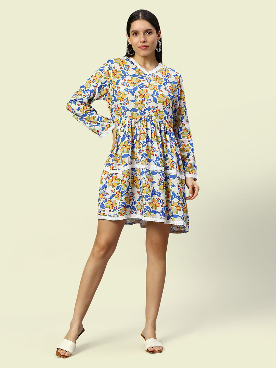 Noroke Women Floral Printed V-Neck Long Sleeves A-Line Dress