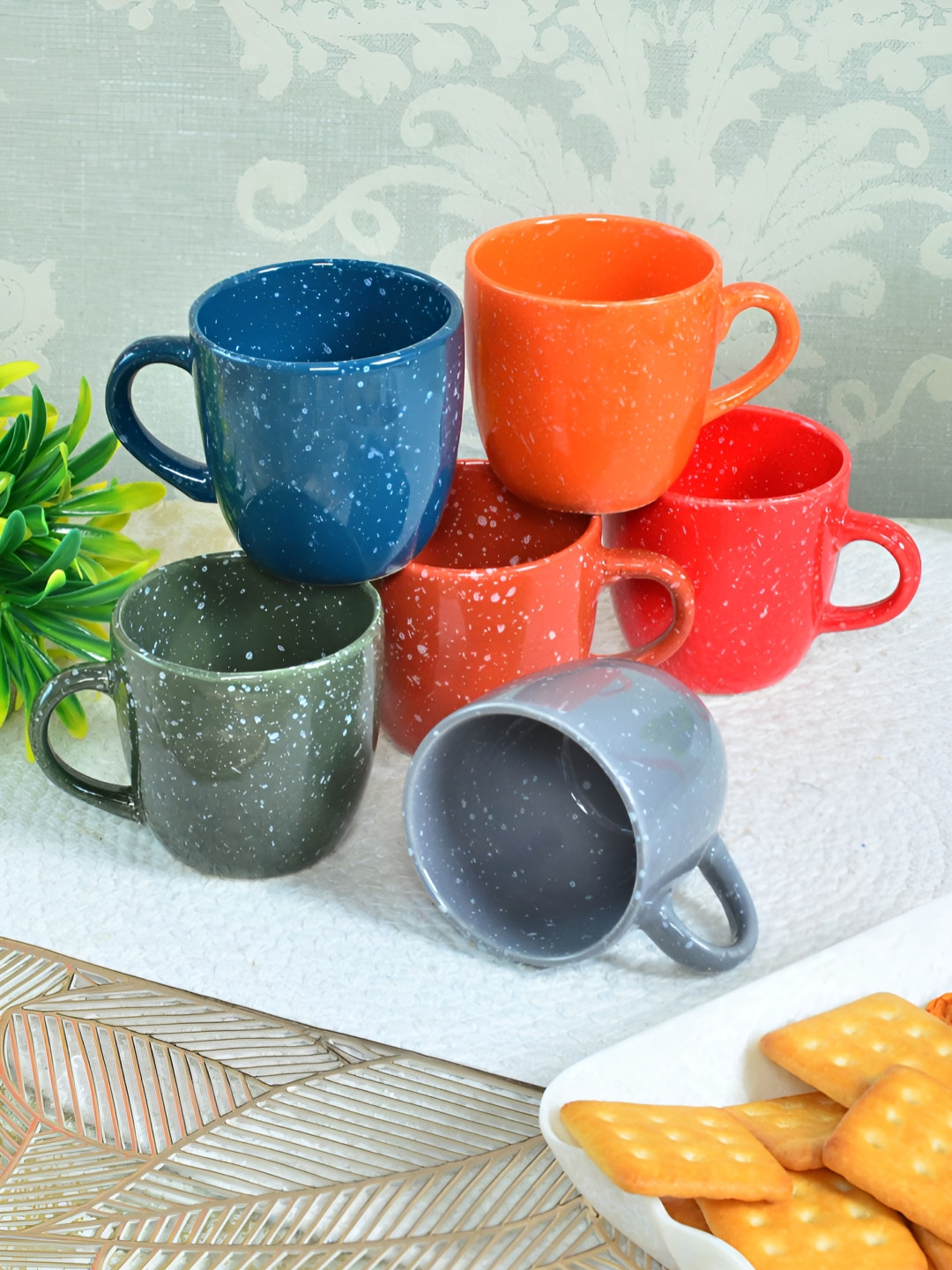 Myntra Elegant Homes Isha Blue Textured Ceramic Handcrafted 6 Piece Cups-130ml