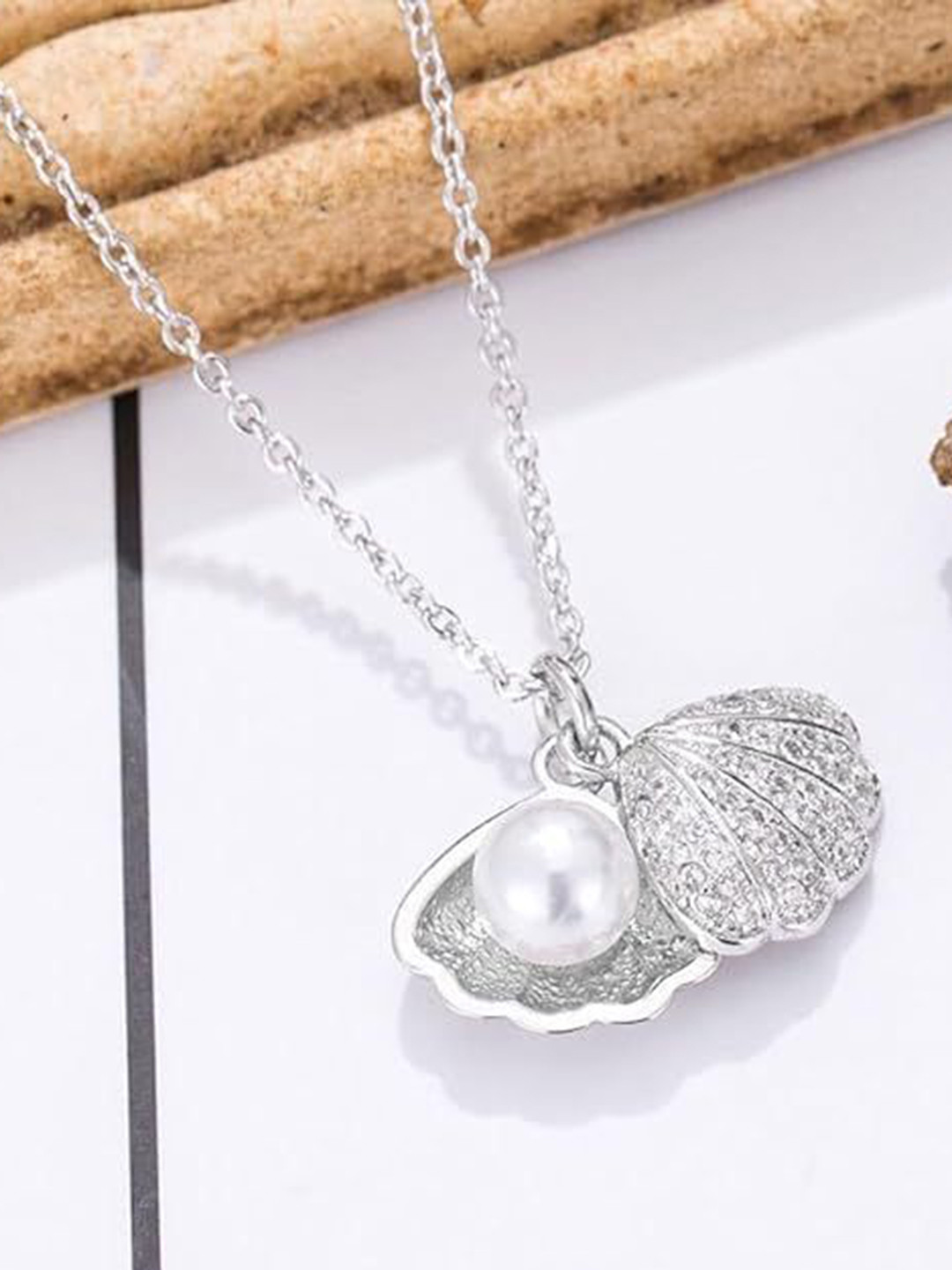 DIVASTRI Silver-Plated Diamond Shaped Pearls & CZ Studded Pendant with Chain