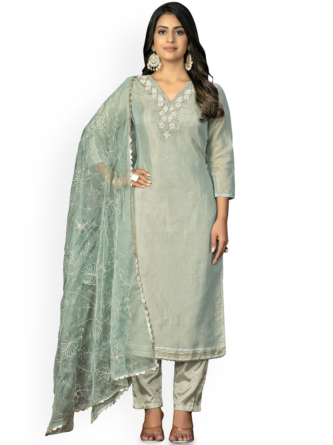 HERE&NOW Floral Embellished Beads And Stones Simmar Cotton Unstitched Dress Material