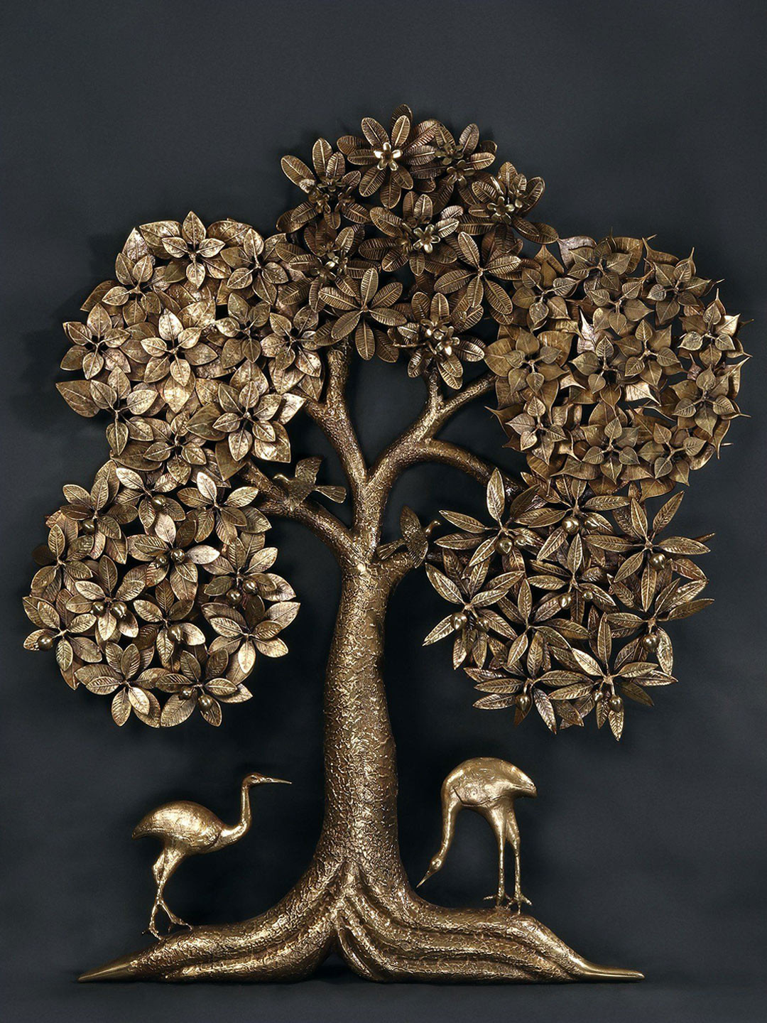 Exotic India Five Different Leaves Design Tree of Life Brass Glossy Wall Hangings-47.6In