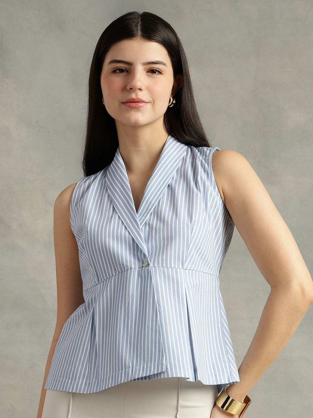 Strong And Brave Women Premium Fit Vertical Striped Cuban Collar Cotton Casual Shirt